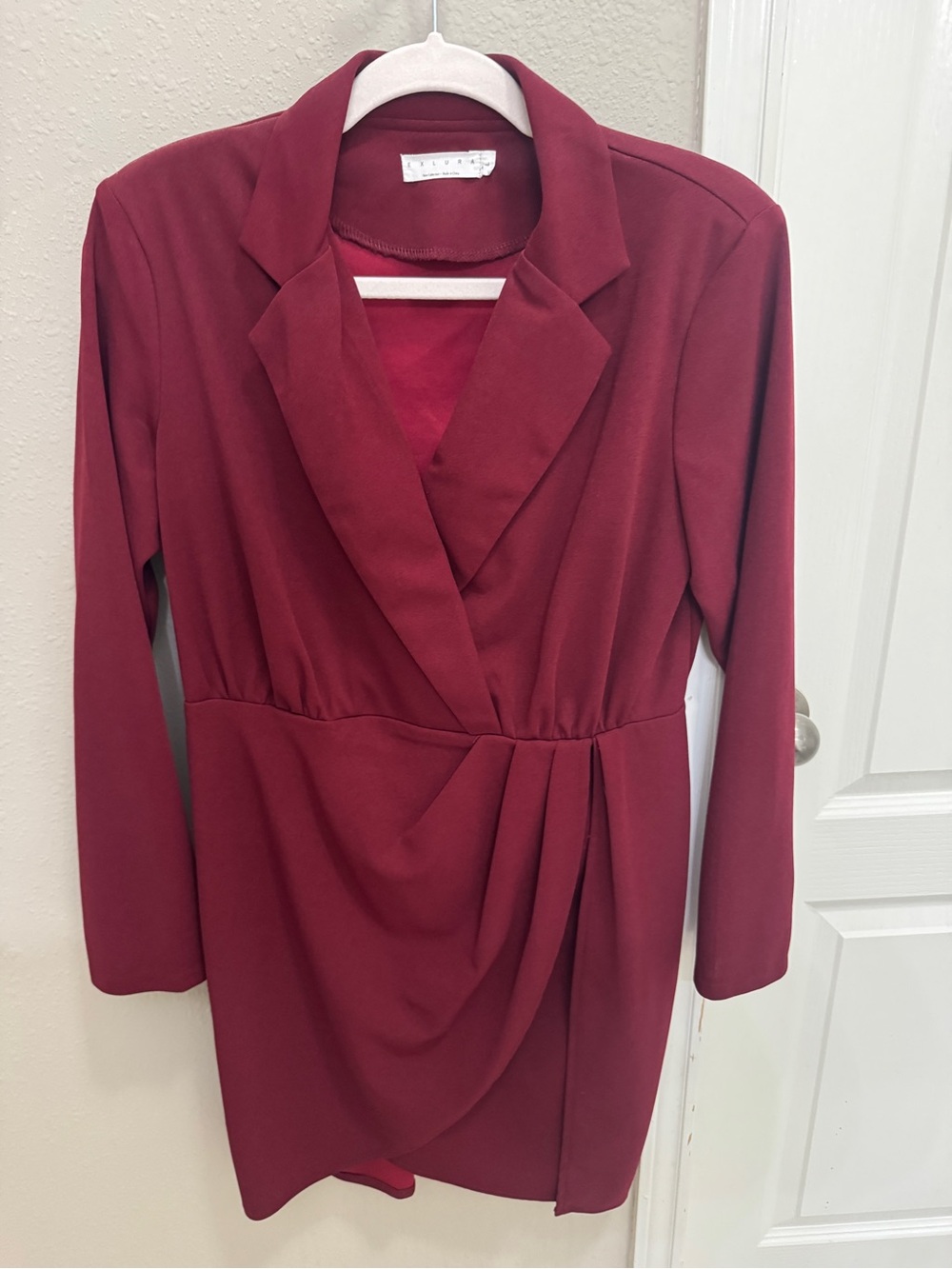 Women's Deep Red Blazer Wrap Dress with Notch Collar